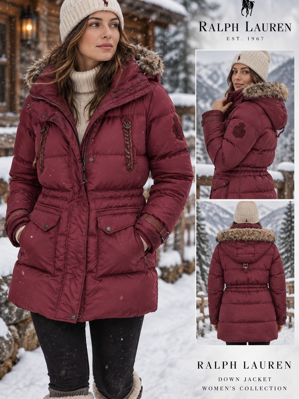Ralph Lauren Women's Burgundy Quilted Down Puffer with Faux-Fur Trim Hood Sz. Sm